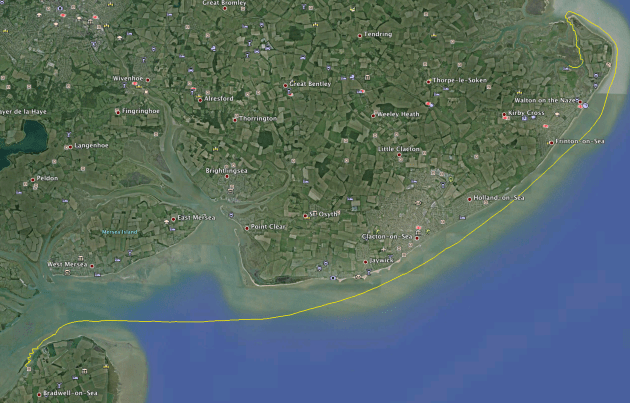 Route taken Bradwell Creek to Titchmarsh Marina  5 July 2013